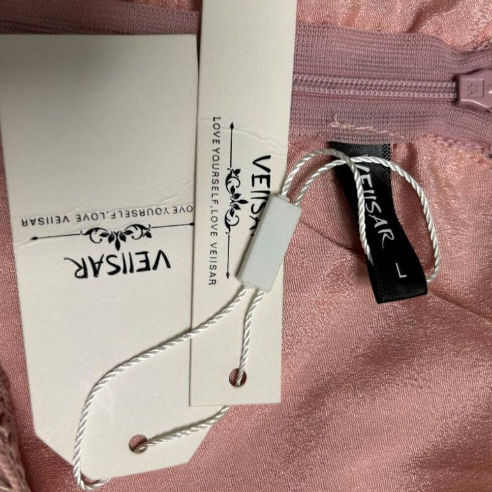 NWT VEIISAR Rose-colored Elegant V-neck A-Line Cocktail Dress Lace Overlay Large - Picture 6 of 13